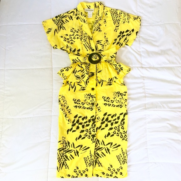 Vintage Dresses & Skirts - 80s Leopard Belted Pencil Dress Ruffle Waist